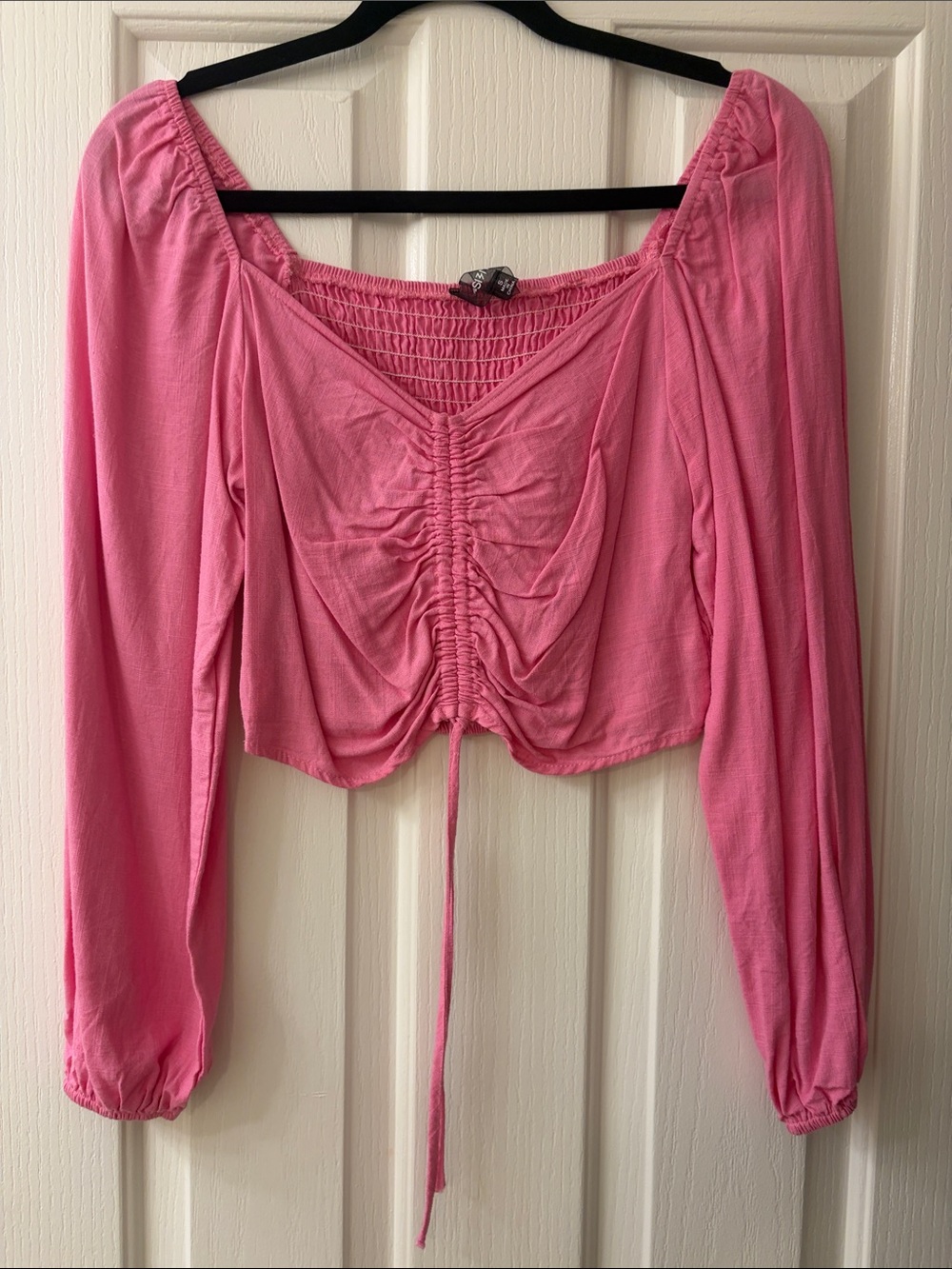 Pink Ruched Long-Sleeve Crop Top